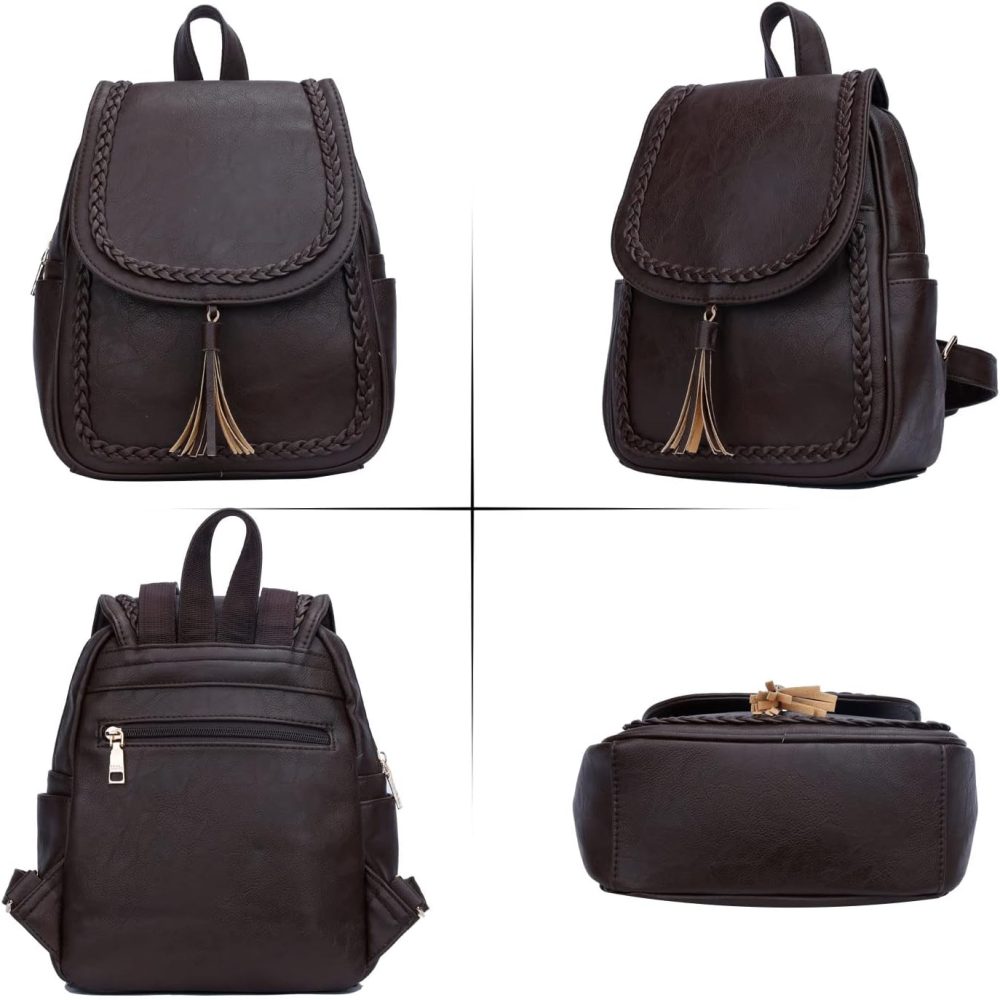 Fashion Small Synthetic Leather Backpack Purse For Women and Ladies with Tassel (Coffee) - Image 2