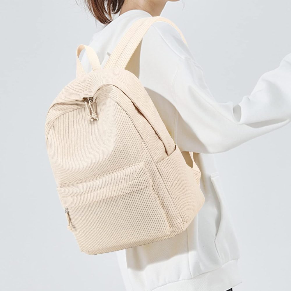 School Backpack for Teens Large Corduroy Bookbag Lightweight 17 inch Laptop Bag for Girls Women Casual High School College (Corduroy-Beige) - Image 2