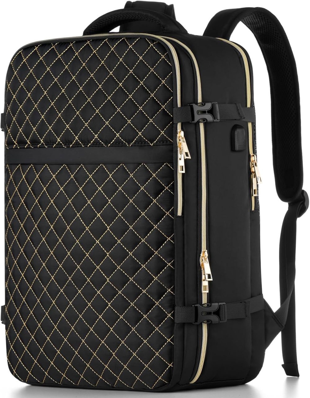Carry On Backpack for Women, Flight Approved Large Travel Laptop Backpack with USB Charge Port, 17 Inch Water Resistant Luggage Travel Bag for Weekender Business, Black - Gold Rhombus