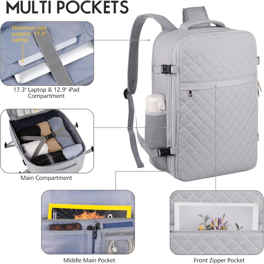 Large Travel Backpack Women, Flight Approved Carry On Backpack, Water Resistant Anti-Theft Large Casual Daypack Fit 17 Inch Laptop with USB Charging Port, Grey - Image 2