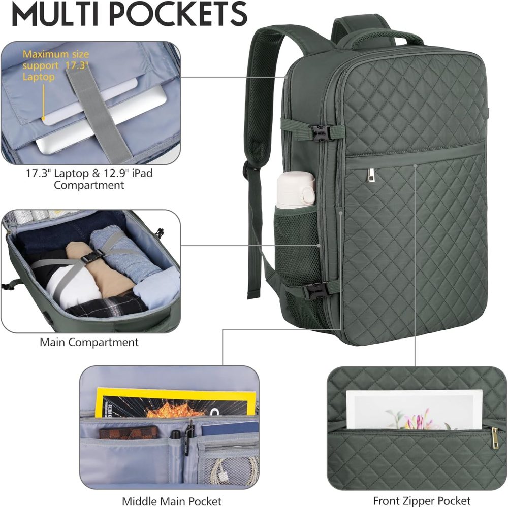 Large Travel Backpack Women, Flight Approved Carry On Backpack, Water Resistant Anti-Theft Large Casual Daypack Fit 17 Inch Laptop with USB Charging Port, Olive Green - Image 2
