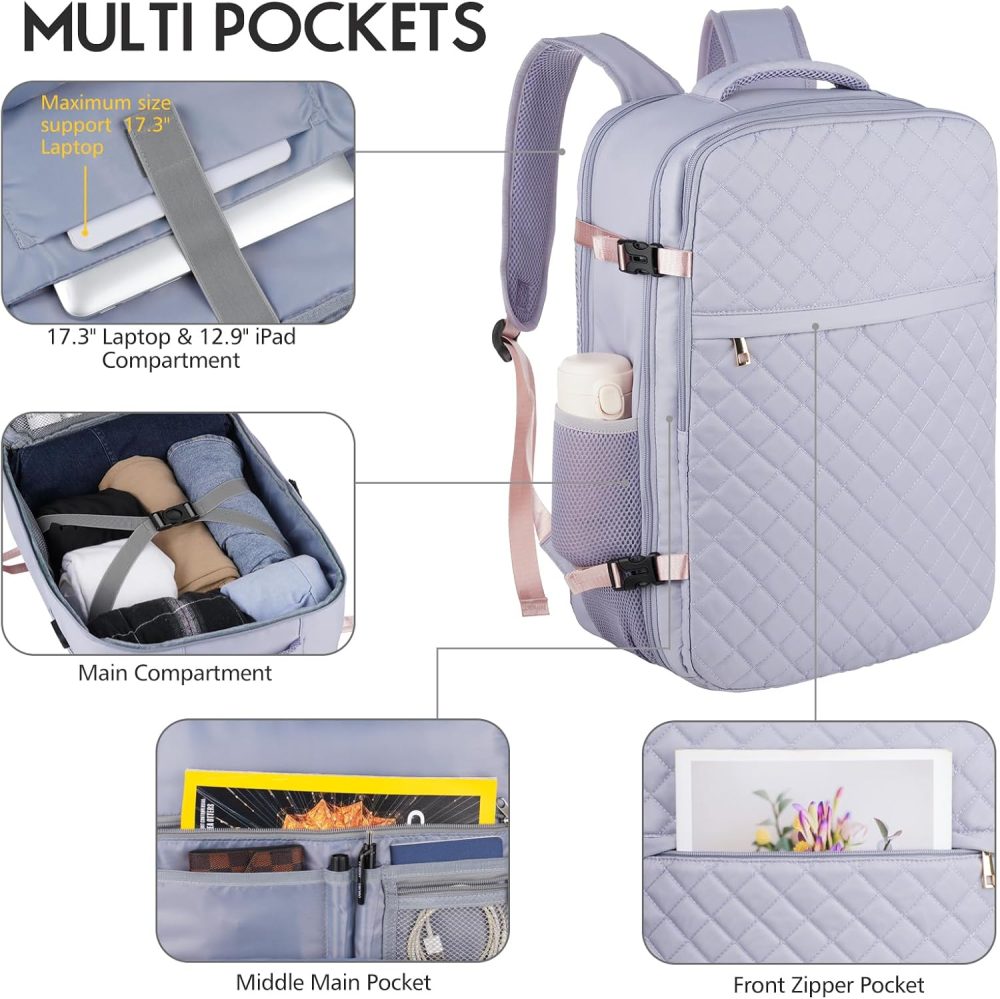 Large Travel Backpack Women, Flight Approved Carry On Backpack, Water Resistant Anti-Theft Large Casual Daypack Fit 17 Inch Laptop with USB Charging Port, Light Purple - Image 2