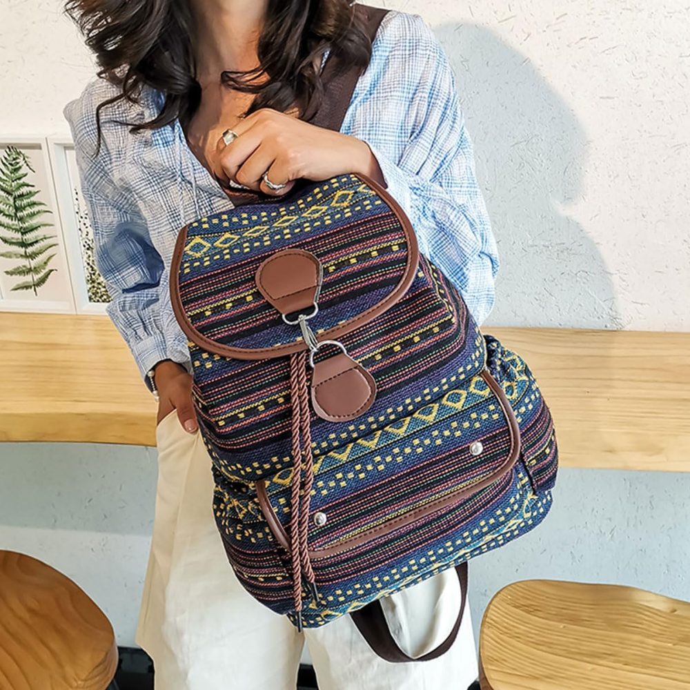 Vintage Backpack for Women,Boho Casual Backpack Purse,Unique Style Fashion Ethnic Handbag Shoulder Bag,Blue - Image 2