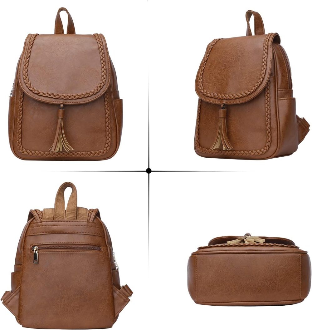 Fashion Small Synthetic Leather Backpack Purse For Women and Ladies with Tassel (Brown) - Image 2
