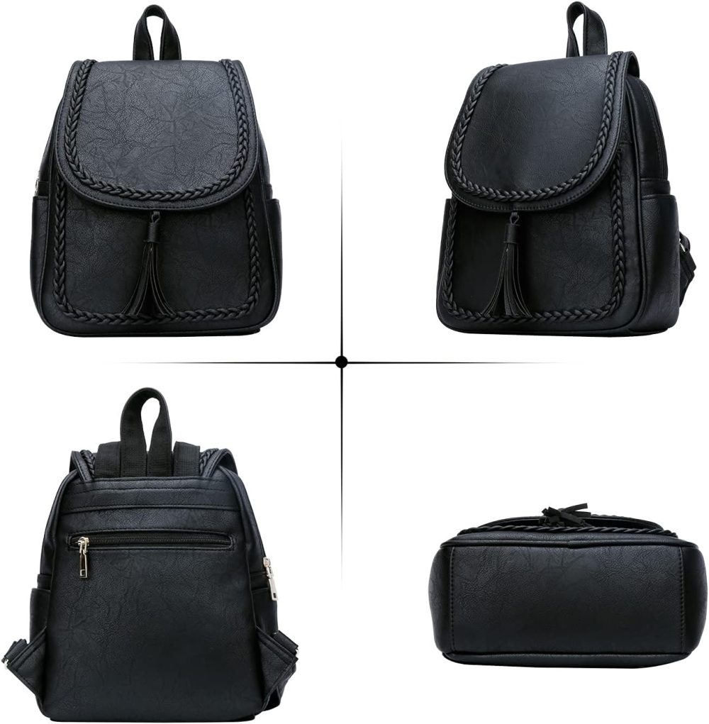 Fashion Small Synthetic Leather Backpack Purse For Women and Ladies with Tassel (Black) - Image 2