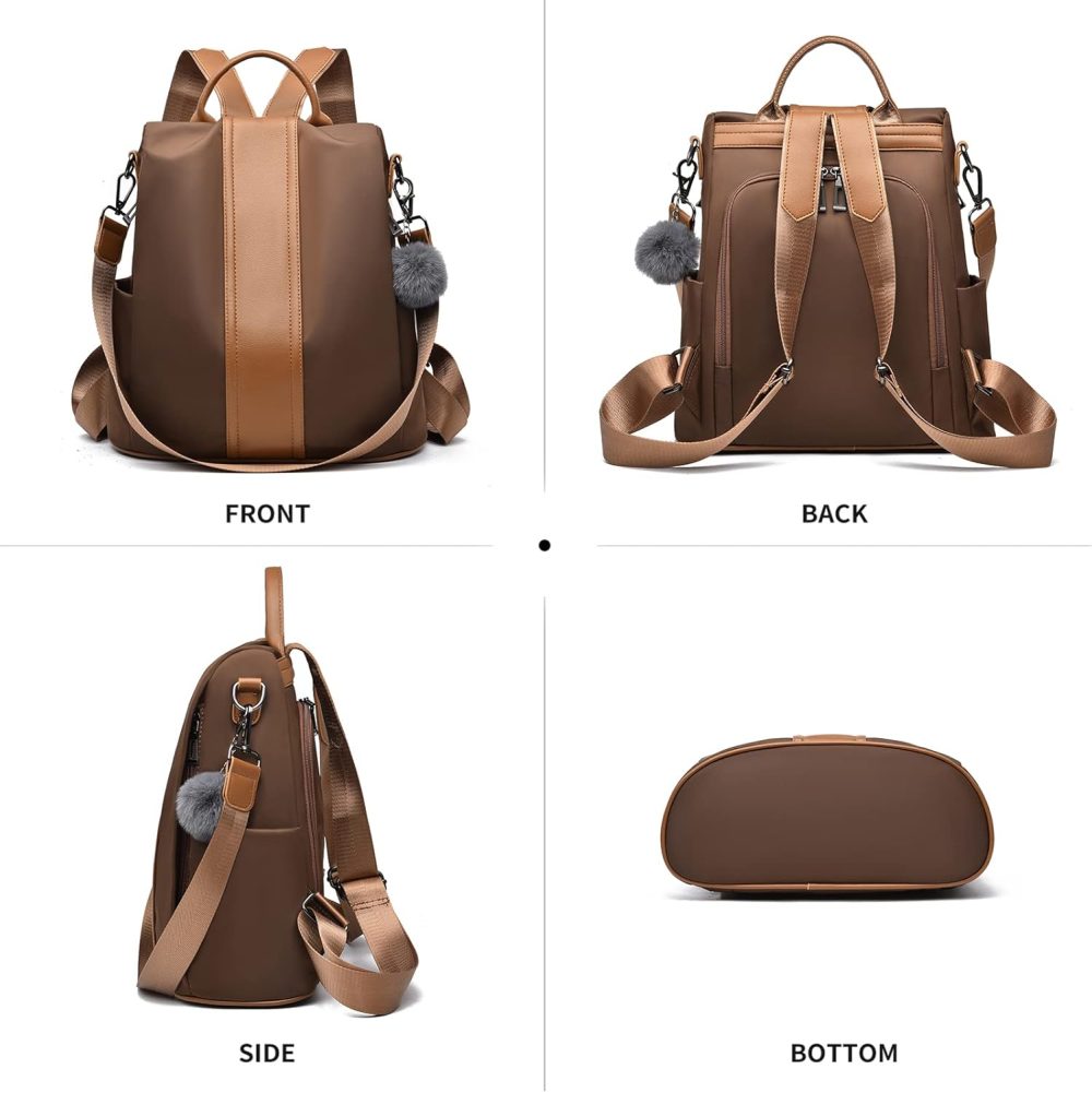 Women Backpack Purse Waterproof Nylon Anti-theft Rucksack Lightweight Shoulder Bag(Brown1) - Image 2