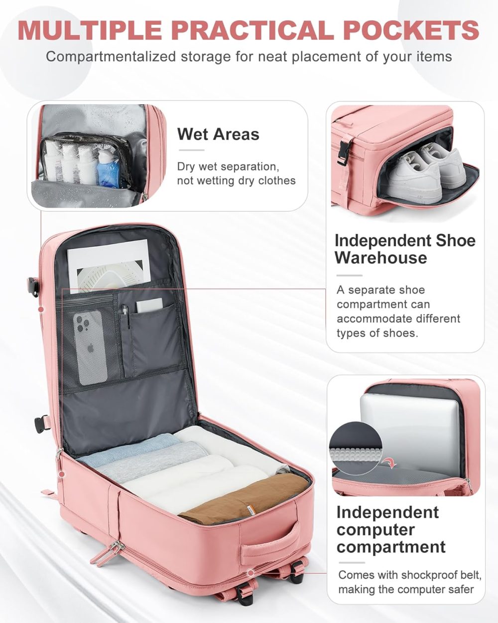 Large Travel Backpack Carry On for Women Man Gym Backpack with Laptop Compartment  Teacher Personal Item Backpack Rucksack Airplane Accessories Must Haves Pink - Image 2